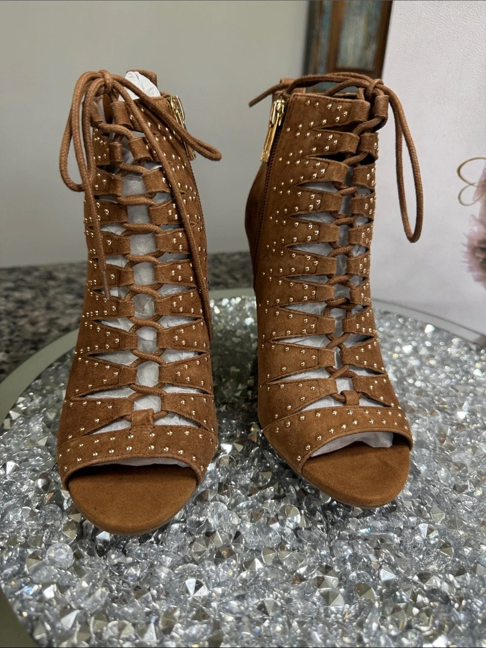 Jessica Simpson Brown Suede Lace-Up Studded Wedge Sandals NEW 6.5
